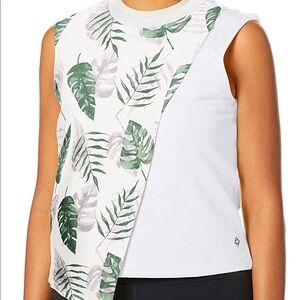 Satva Premium Organic Cotton Asymmetric Sleeveless T-Shirt Top Block Leaf Print